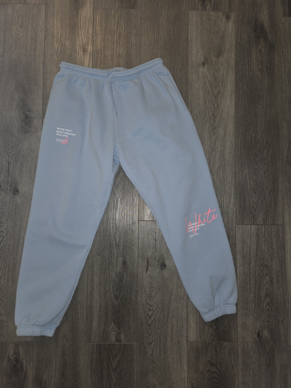 Womens White Fox Boutique Light Blue Joggers with Pink Script Limited Edition LG